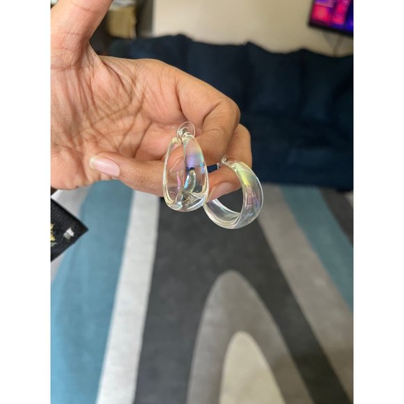 Chunky Clear Acrylic hoop earrings long white ice large holographic  iridescent - Picture 2 of 7